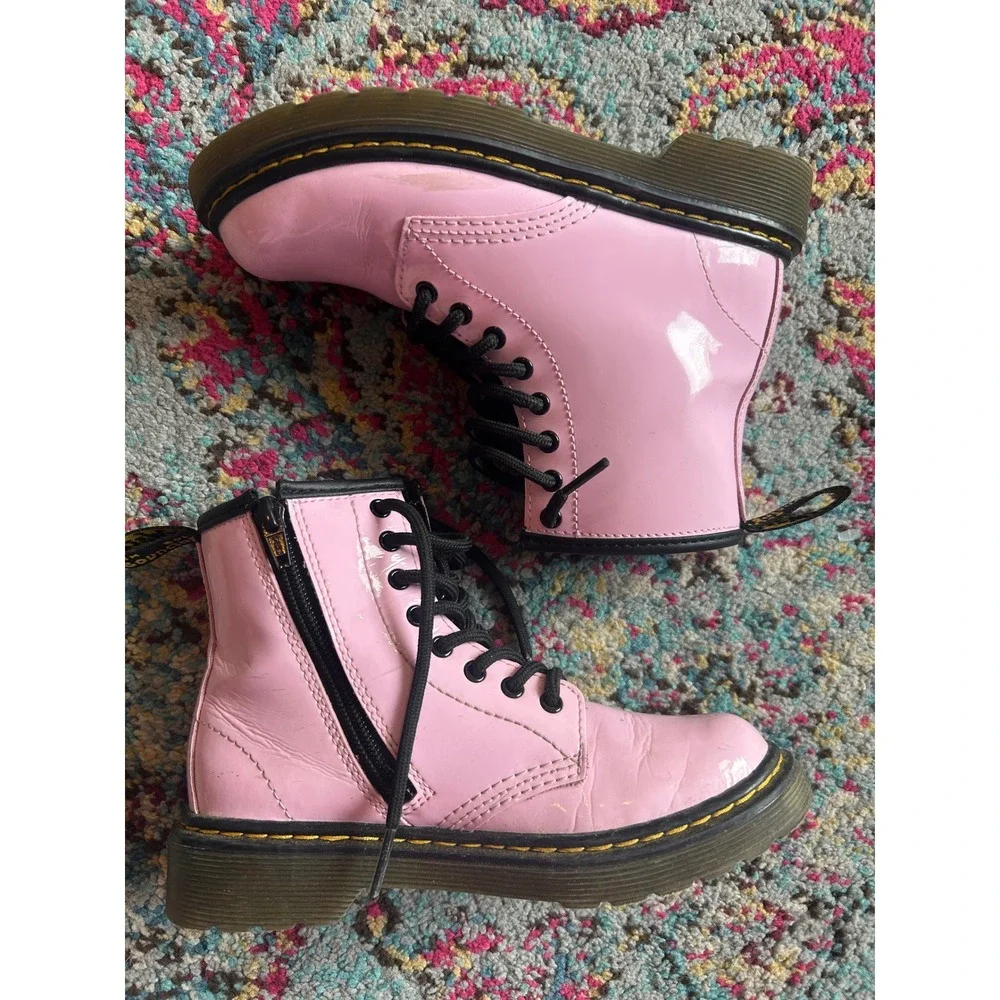 Dr. Martens 1460 J Boots Pink Patent Leather Lace Up Side Zip Kids Size 1 US - Picture 1 of 9